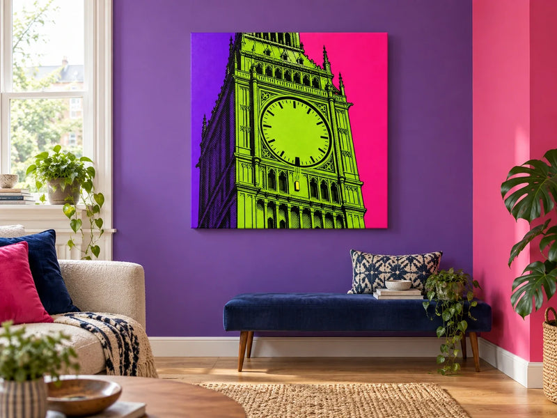 Missing Minute Canvas on a purple wall in a colourful contemporary living room.