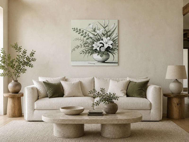 Elegant Ikebana Canvas centred above a cream sofa in a warm neutral living room.