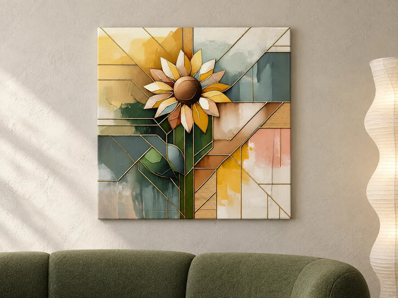 Kintsugi Sunflower Canvas above a curved moss-green sofa in a contemporary gallery-like living room.