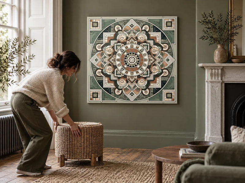 Organic Precision Canvas in an olive period living room as an adult moves a woven stool beside it.
