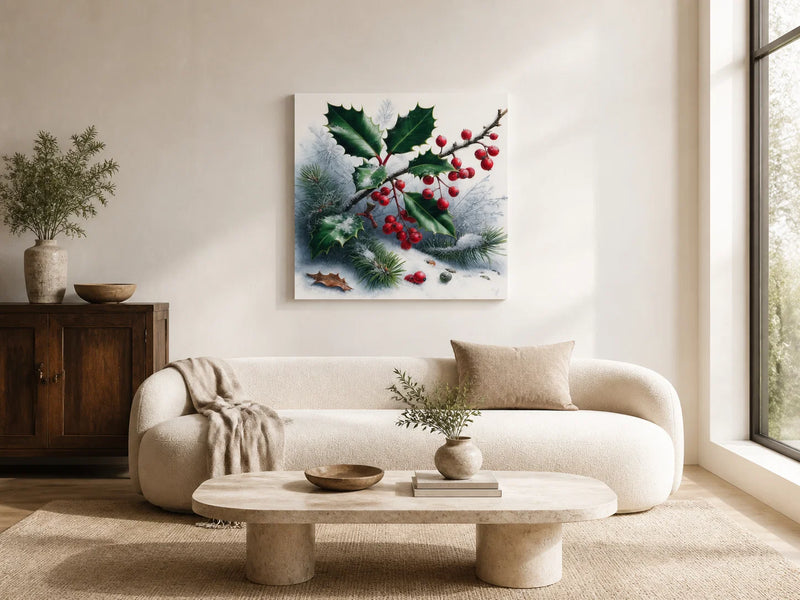 Winter Flora Whisper Canvas centred above a cream sofa in a sunlit modern living room.