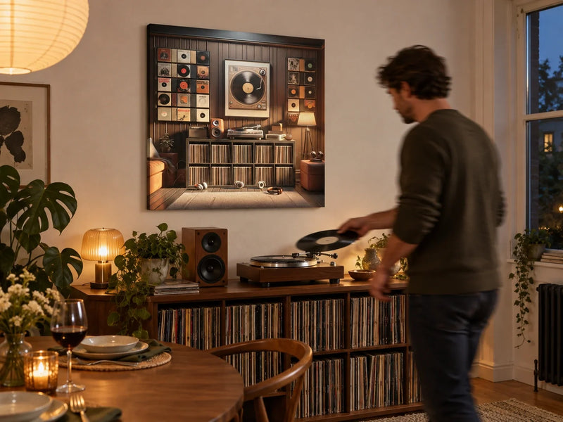 Vinyl Nostalgia Canvas in a warm dining room as an adult puts on a record.