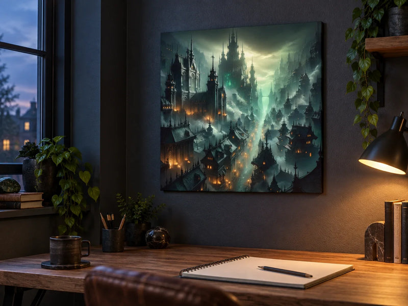 Gothic Undercity Canvas in a dark contemporary study.