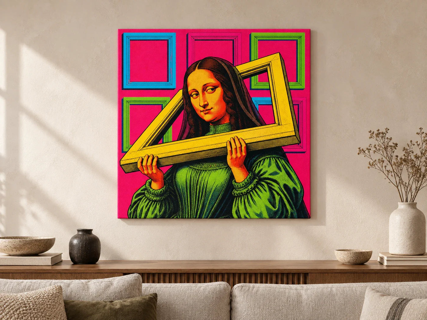 Mona Lisa Frame Burden square canvas centred above a wooden console in a contemporary neutral living room.