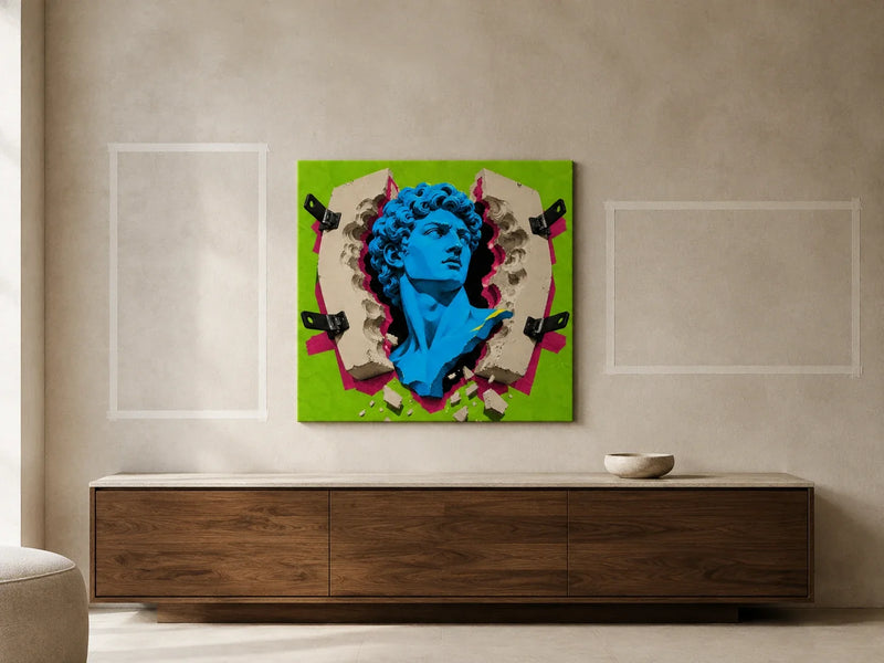 Square Escape the Mould Canvas between taped portrait and landscape outlines above a walnut sideboard.