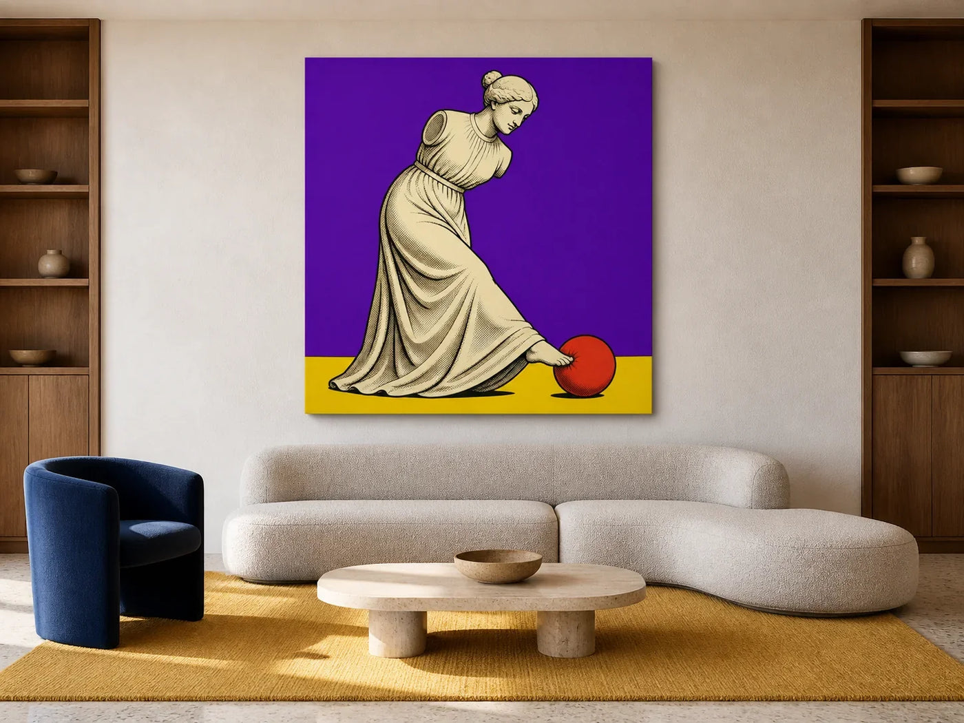 Venus de Milo — Kicks Back Canvas centred above a curved cream sofa in a modern living room.