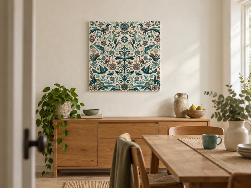 Nordic Nature Harmony Canvas above a pale oak sideboard in a contemporary lived-in dining room.