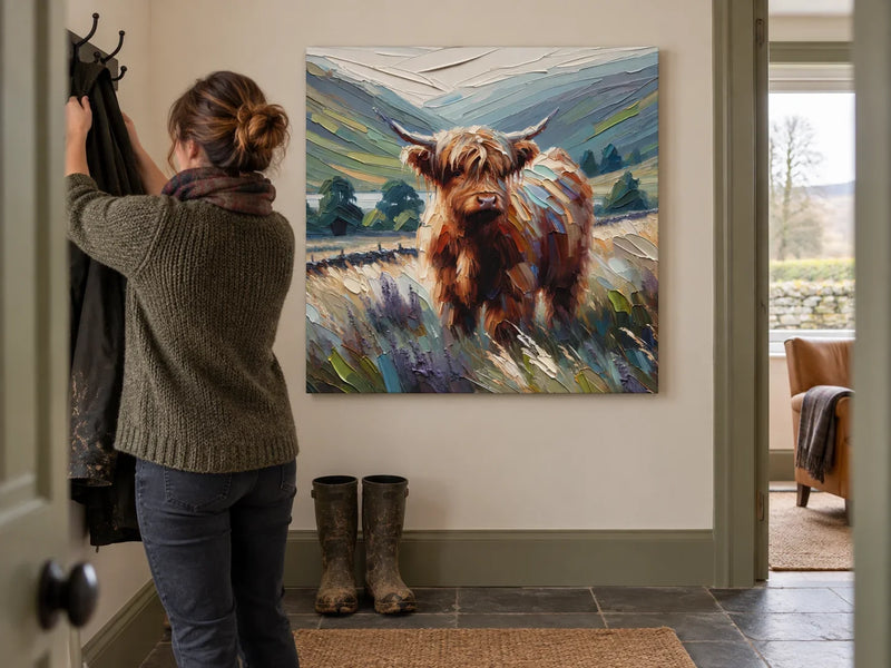 Muted Highland Journey Canvas in a compact boot-room threshold while an adult hangs up a coat after a walk.
