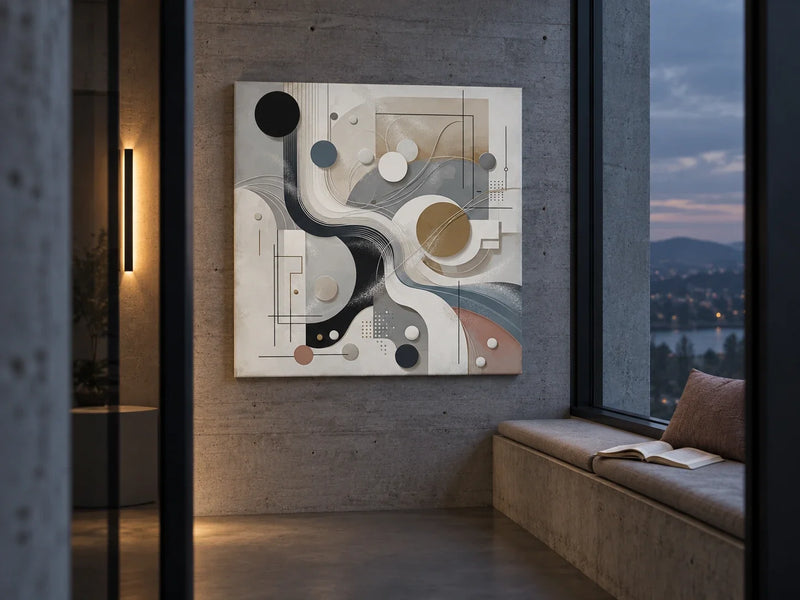 Silent Serenity Canvas in a concrete reading alcove at blue hour with an open book on the window seat.
