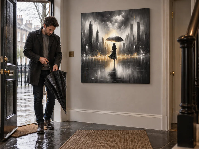 Umbrella in Urban Serenity Canvas centred in a contemporary hallway as an adult folds a black umbrella by the open front door.