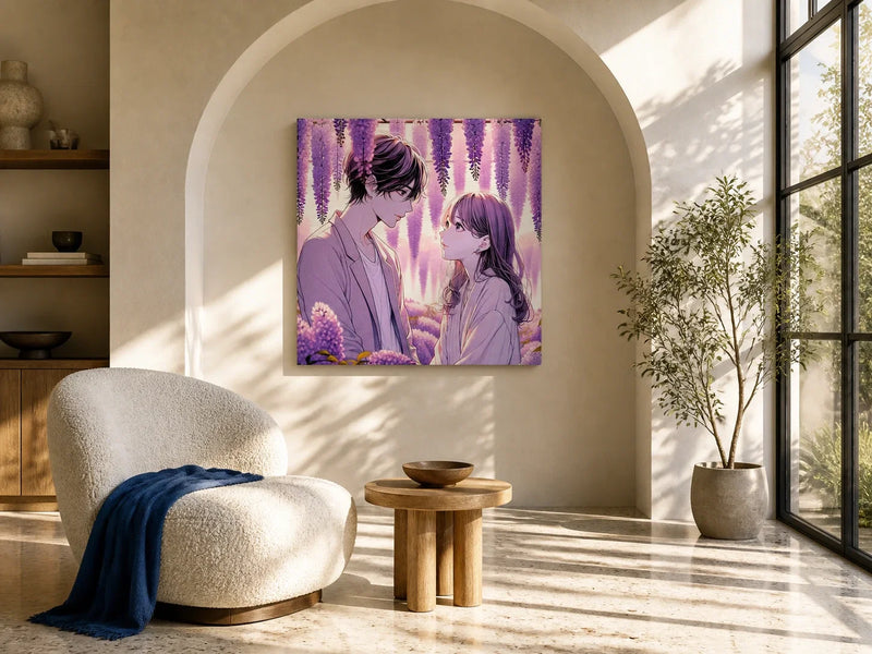 Wisteria Lane Romance Canvas in an airy sculptural sunroom with a curved plaster arch, boucle chair and late-afternoon light.