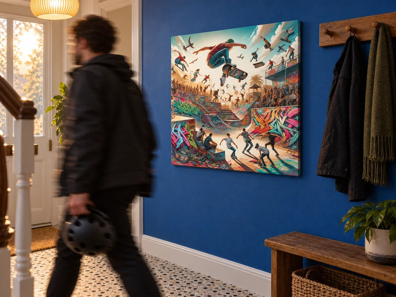 Graffiti, Skate, Murals Canvas on a cobalt hallway wall as an adult walks past.
