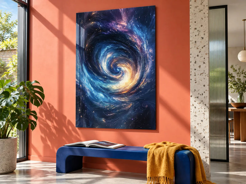 Cosmic Wormhole Acrylic Print on a coral wall in a bright contemporary interior with an open design book and folded saffron throw.