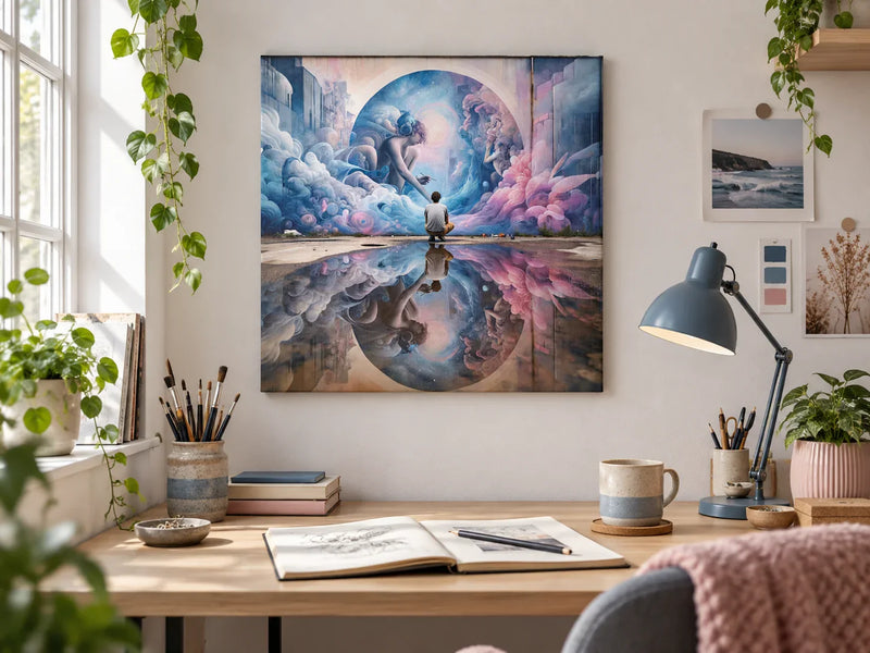 Reflections of Creativity Canvas above a pale wood desk in a contemporary home studio with soft blue and pink accents.