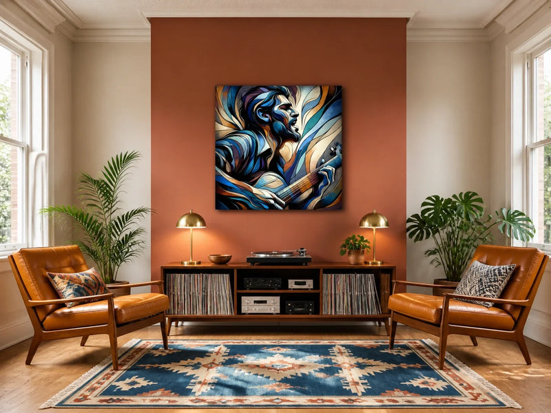 Passionate Guitarist canvas centred on a terracotta chimney breast in a bright symmetrical UK music room with walnut record console and leather chairs.