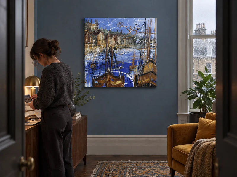 Whitby Port Heritage Canvas seen through a doorway while an adult sorts travel photographs.