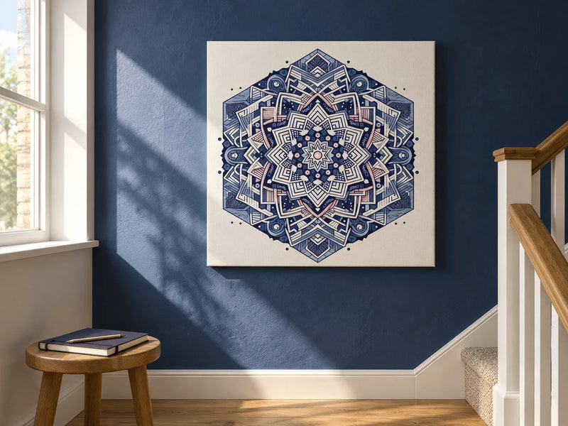 Depth Labyrinth Canvas on a deep-blue stair-landing wall in directional afternoon light.