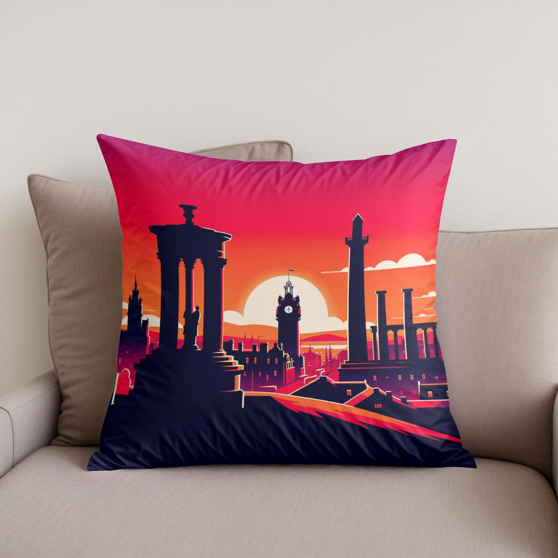 Edinburgh Calton Hill Sunset Silhouette Cotton Cushion - Secondary Image