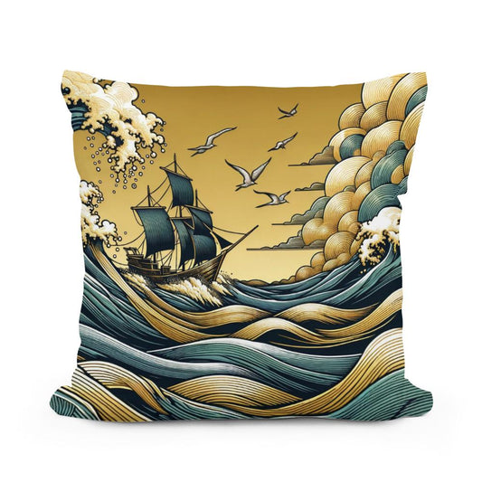Golden Seascape Voyage Cotton Cushion - Main Image