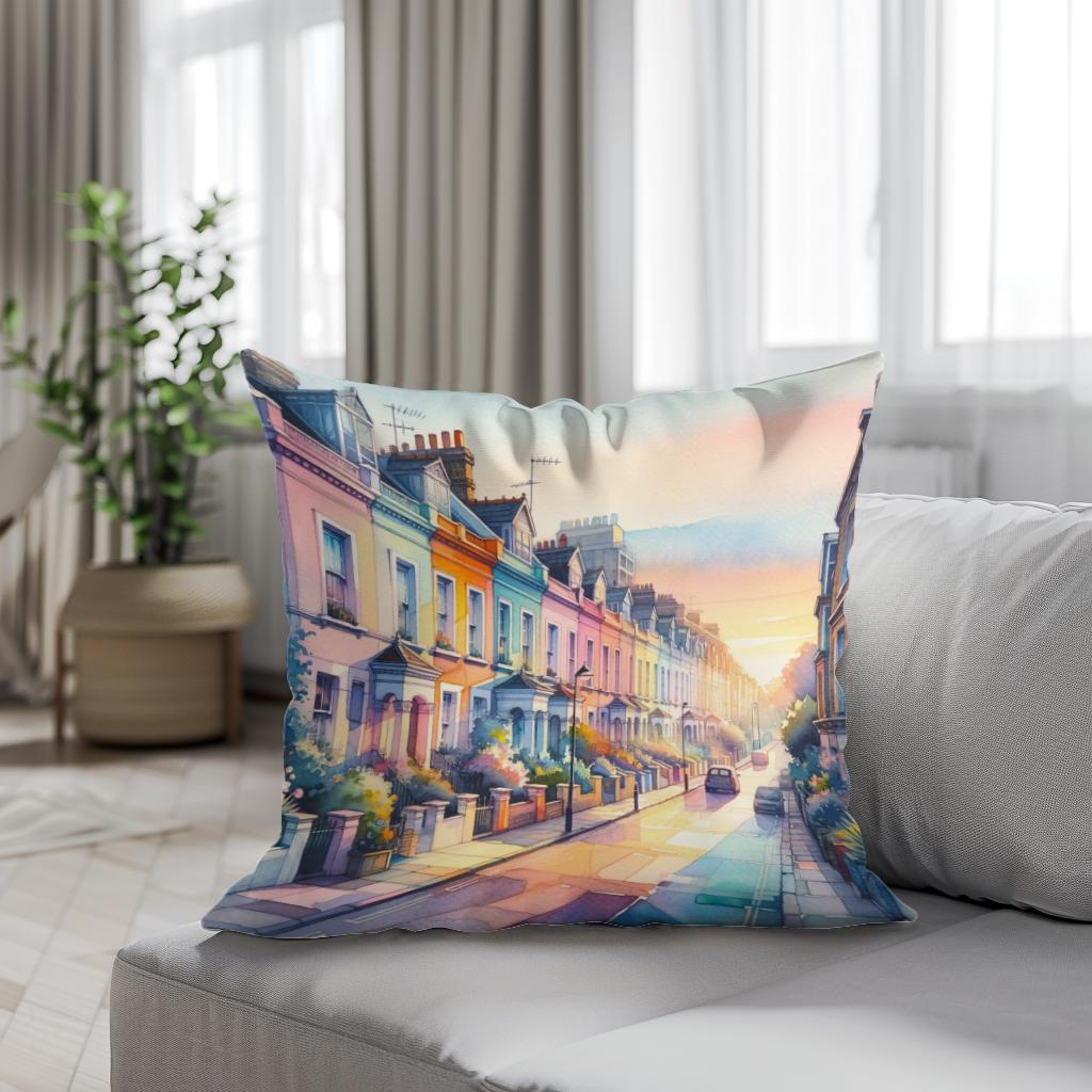 London Notting Hill Morning Watercolor Cotton Cushion - Secondary Image 4