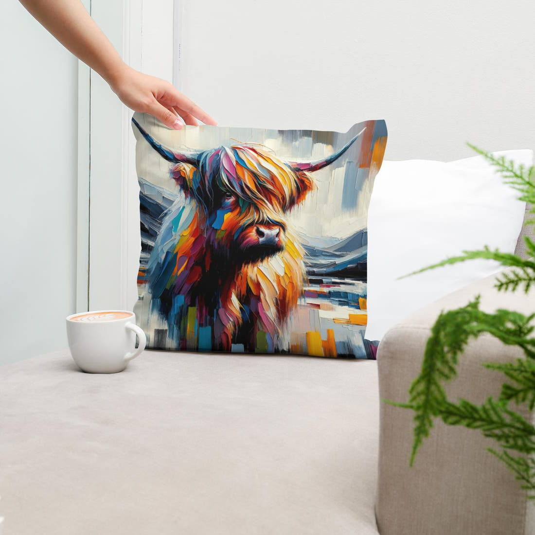Vibrant Highland Cow Abstract Cotton Pillow - Secondary Image 5