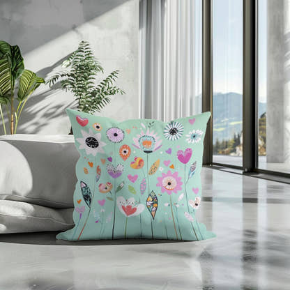 Mint Green Folk Flower Cotton Cushion - Secondary Image 3