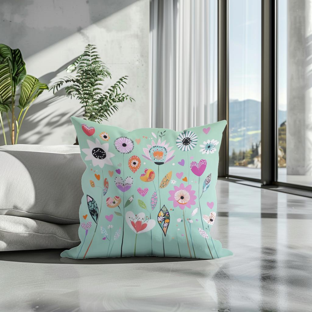 Mint Green Folk Flower Cotton Cushion - Secondary Image 3