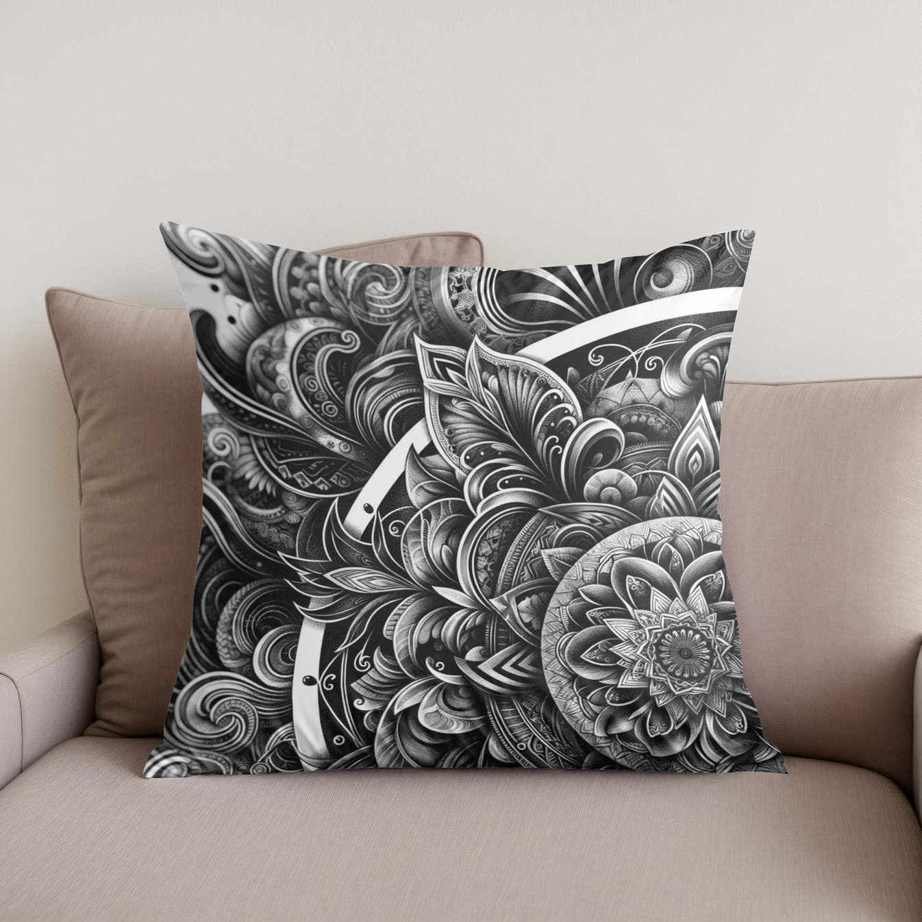 Inked Grace: Silver Line Elegance Cotton Cushion - Secondary Image