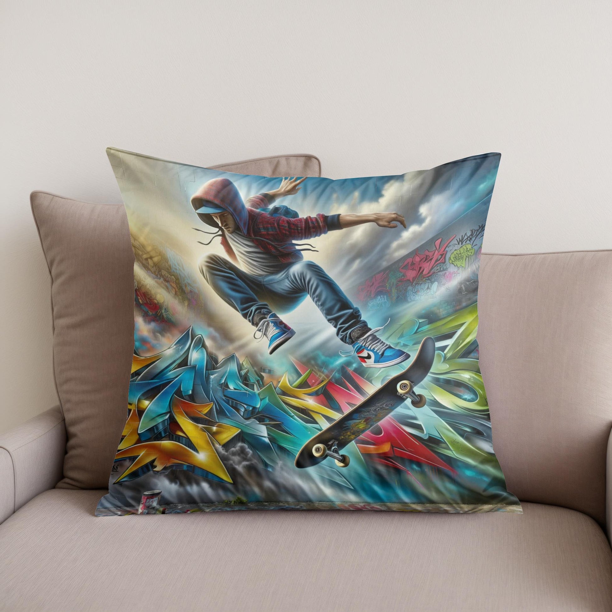 Hyper-Real Graffiti Skate Cotton Pillow - Secondary Image