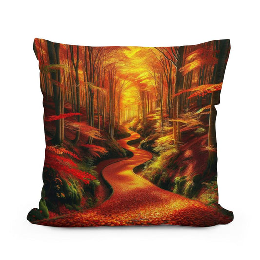 Autumn Forest Pathway Cotton Pillow - Main Image