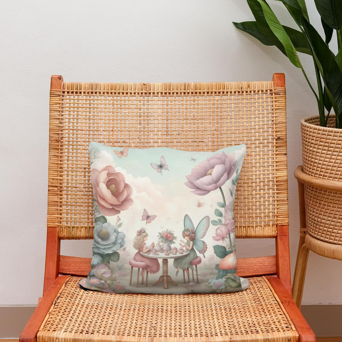 Fairy Garden Tea Party Cotton Pillow - Secondary Image 2