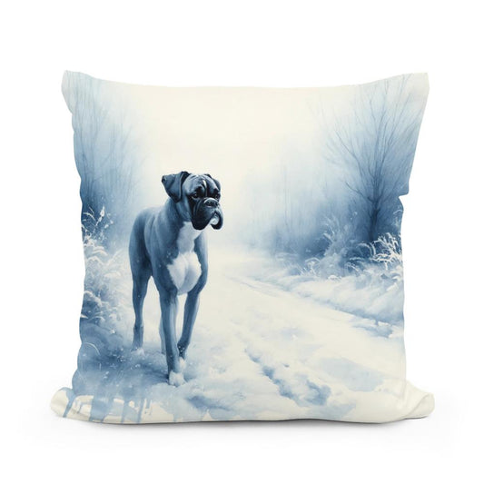 Boxer's Winter Walk Snowy Scene Cotton Pillow - Main Image