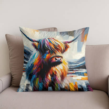 Vibrant Highland Cow Abstract Cotton Pillow - Secondary Image