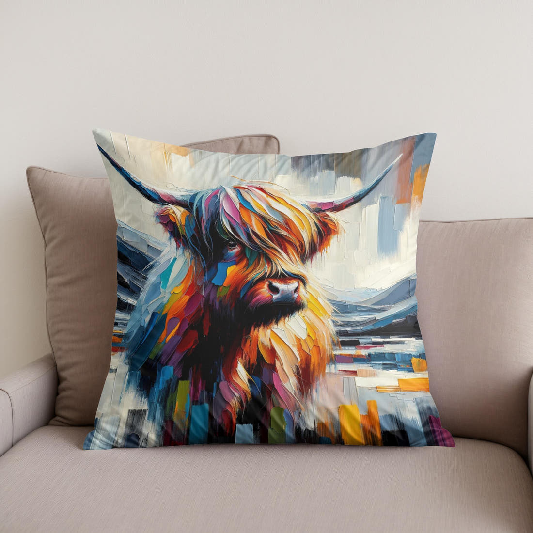 Vibrant Highland Cow Abstract Cotton Pillow - Secondary Image