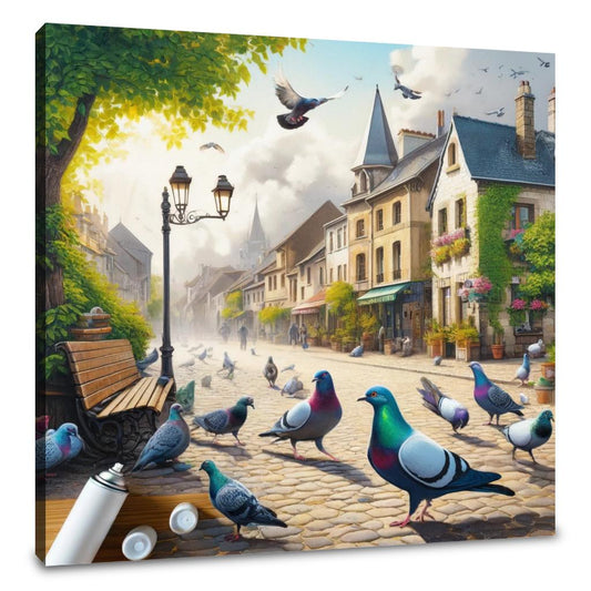 Pigeons in Town Square Canvas - Main Image