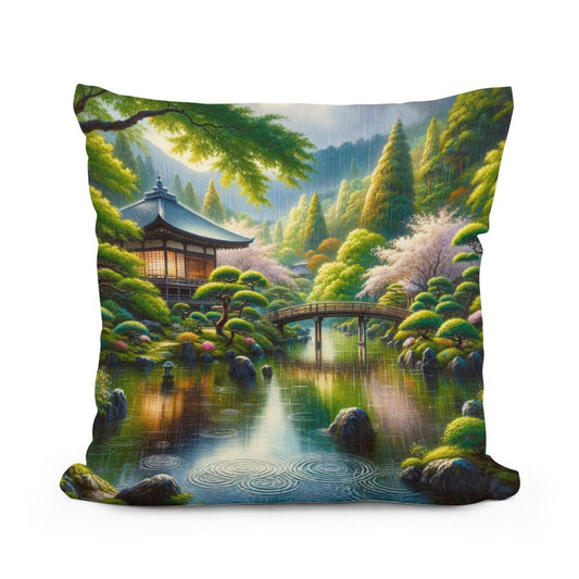Rainy Kyoto Garden Cotton Pillow - Main Image