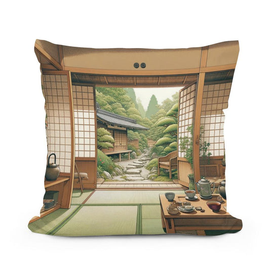 Serene Tea House Cotton Cushion - Main Image