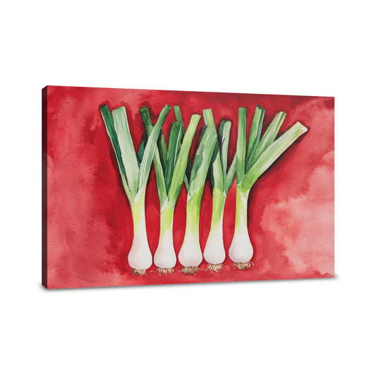 Elegant Leeks on Red Canvas - Main Image