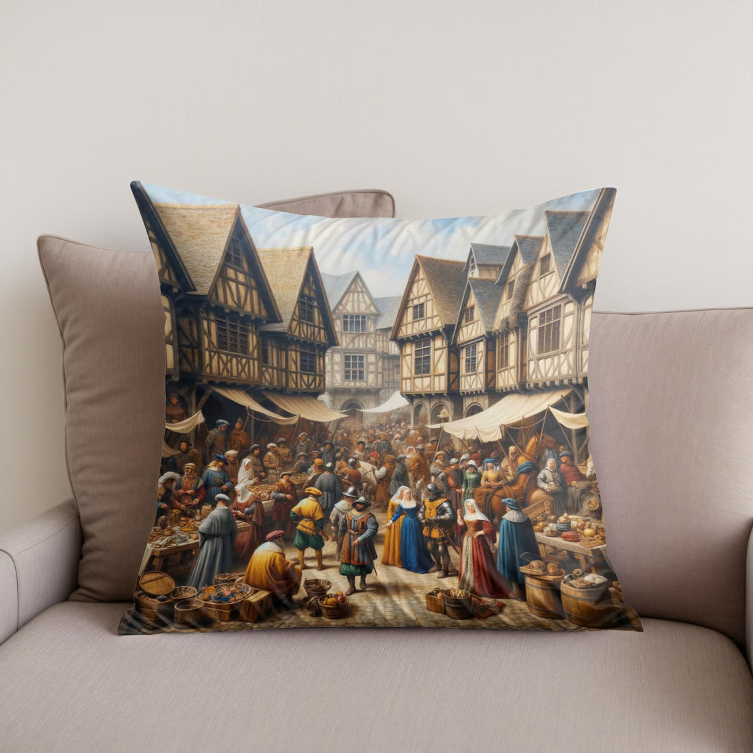 Medieval Market Day Cotton Cushion - Secondary Image