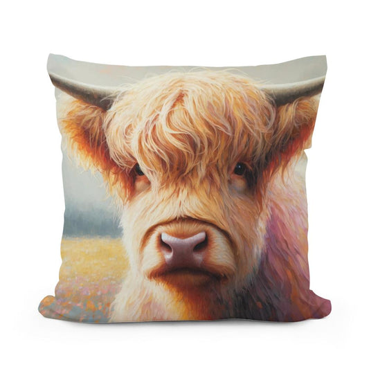 Gentle Highland Cow Gaze Cotton Pillow - Main Image