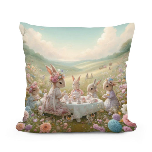Rabbits' Tea Party Cotton Pillow - Main Image