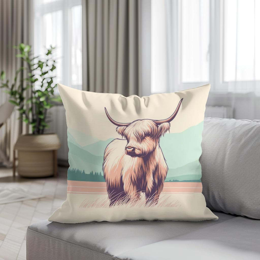 Pastel Highland Cow Minimalism Cotton Cushion - Secondary Image 4