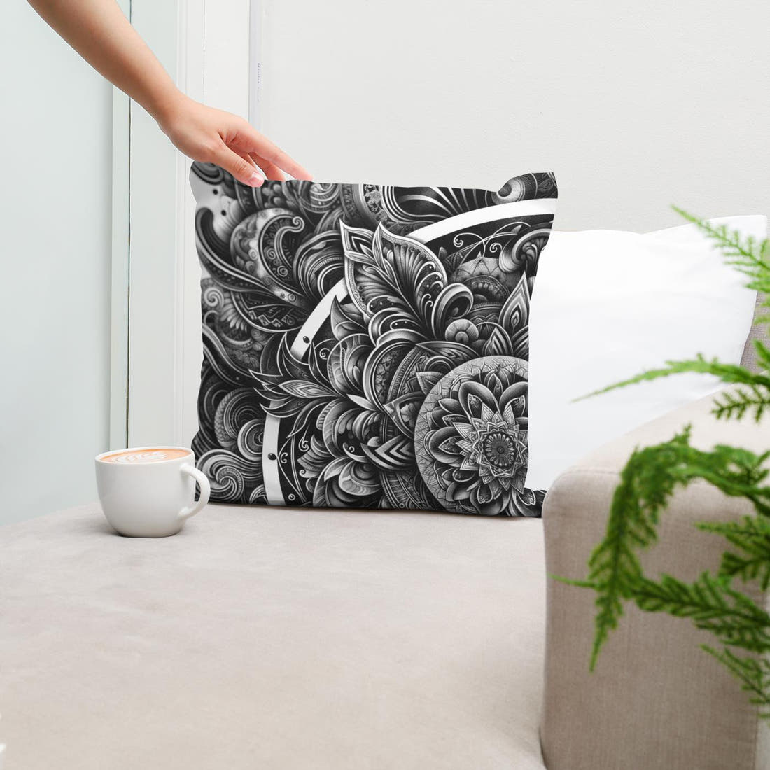 Inked Grace: Silver Line Elegance Cotton Cushion - Secondary Image 5