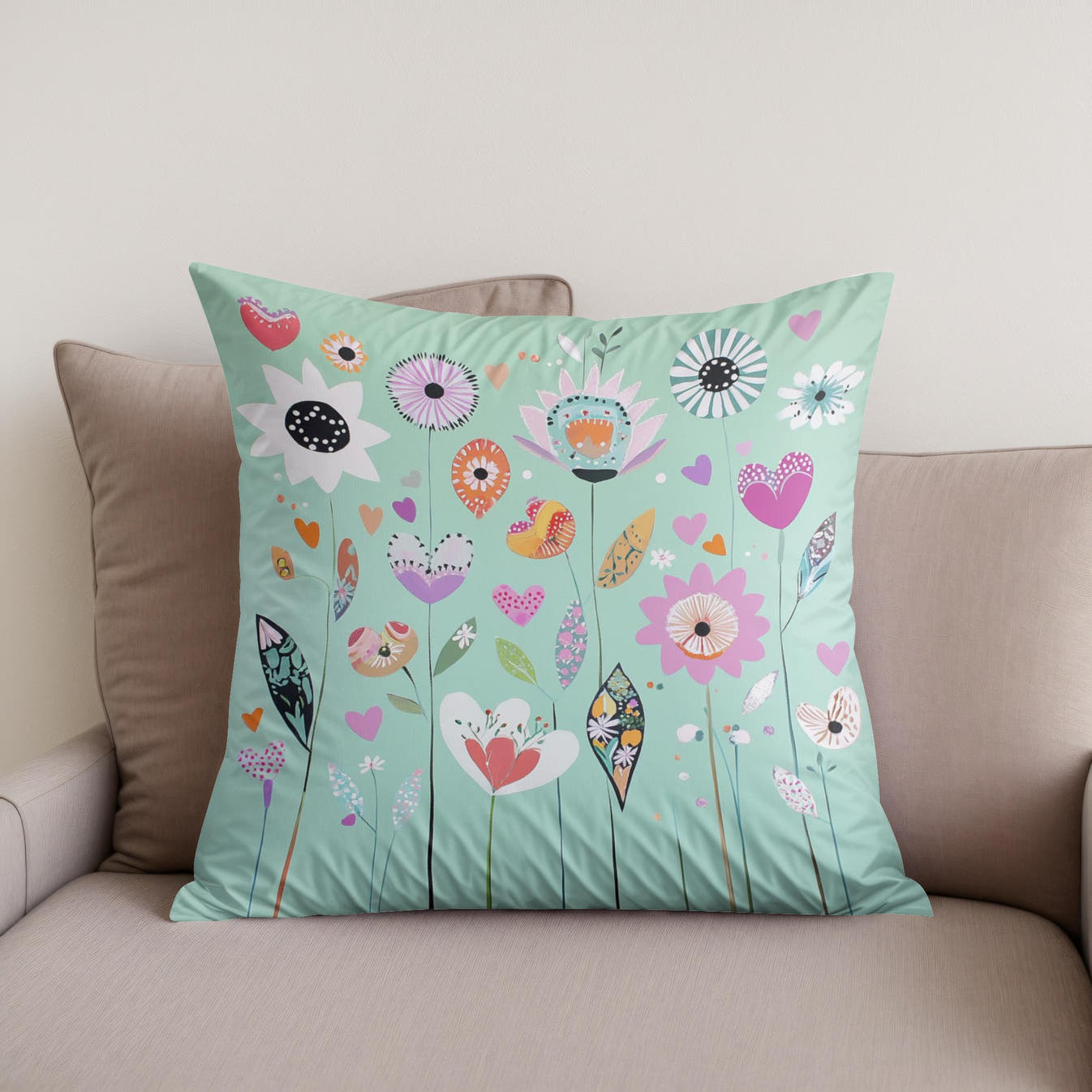 Mint Green Folk Flower Cotton Cushion - Secondary Image