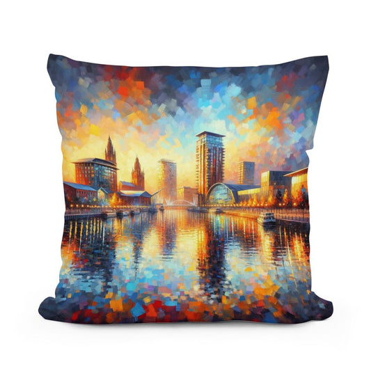 Manchester Salford Quays Sunset Cotton Pillow - Main Image