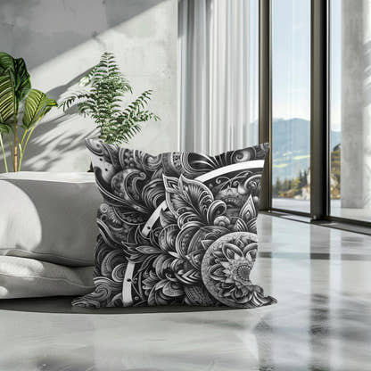 Inked Grace: Silver Line Elegance Cotton Cushion - Secondary Image 3