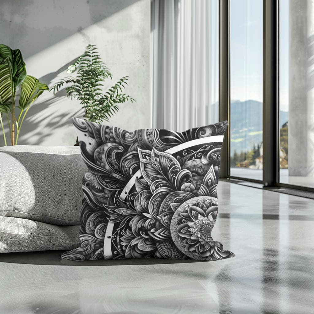 Inked Grace: Silver Line Elegance Cotton Cushion - Secondary Image 3