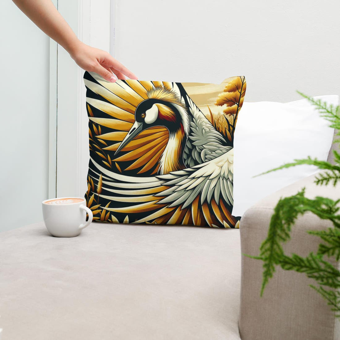 Golden Crane Elegance Cotton Cushion - Secondary Image 5