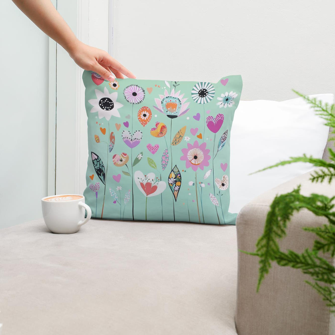 Mint Green Folk Flower Cotton Cushion - Secondary Image 5