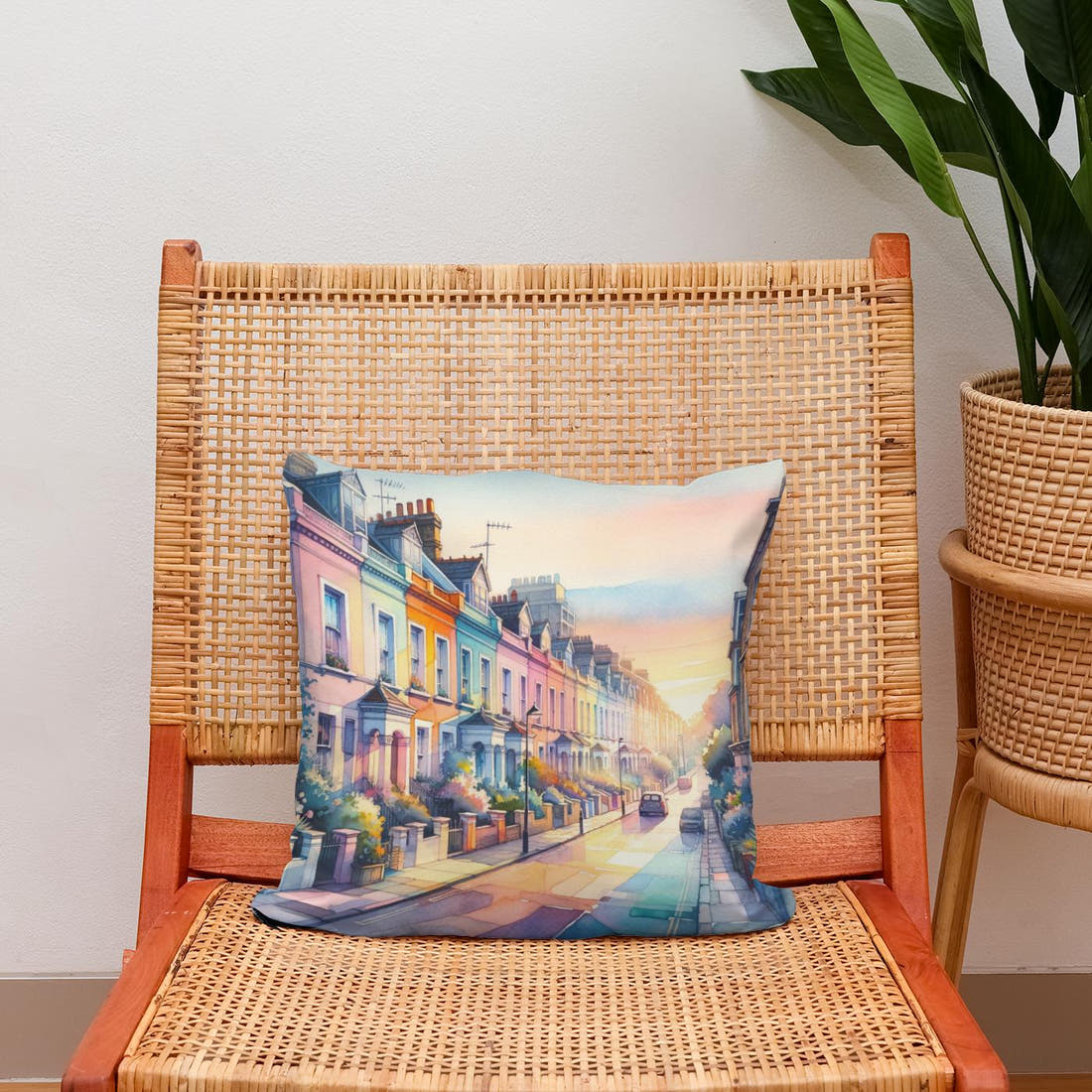 London Notting Hill Morning Watercolor Cotton Cushion - Secondary Image 2